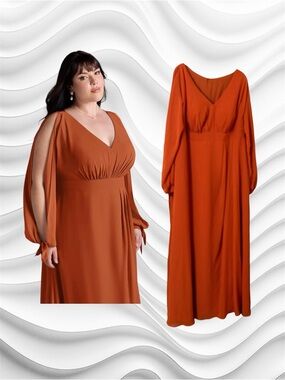 AZAZIE 18 women’s Elegant Long Sleeve V-Neck Maxi Dress in Rust NWT